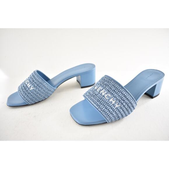 Givenchy 4G Denim Blue Raffia Logo Leather Slide On Mule Block Heel Sandal 39.5 - Picture 13 of 15